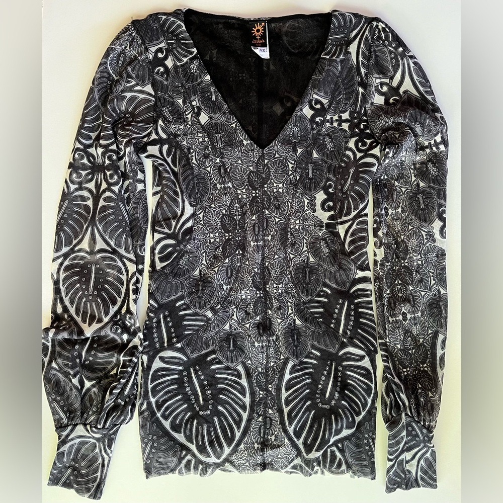 Jean Paul Gaultier Fuzzi black & white mesh fitted top w/ puffed sleeves. XS